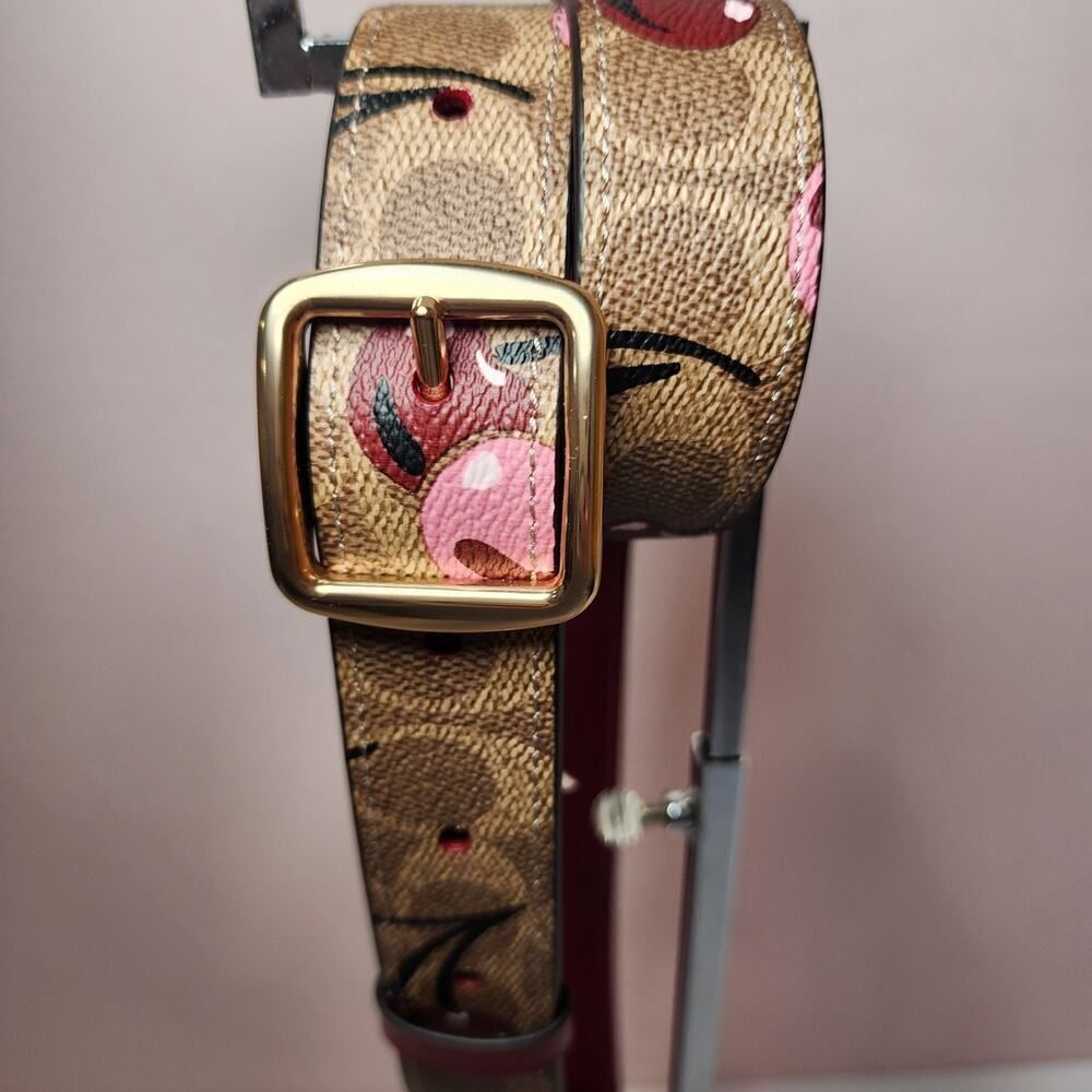 NW Coach CZ021 Purse Strap Tan Signature Leather Brass Cherry Reversible - Picture 2 of 4